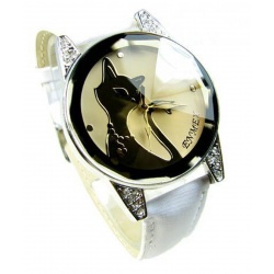 Blacky Heart Cat Watch (Weis) - Schwarze Katze mit Herz Quarz Armbanduhr wei