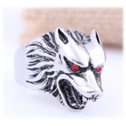 Wehrwolf Ring with Red Sparkling Wolf Eyes - Stainless Steel with Crystals - Gothic, Punk, Rock Fashion