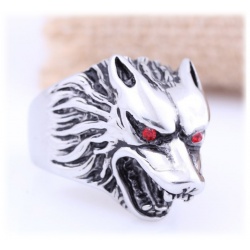 Wehrwolf Ring mit rot funkelnden Wolf Augen - aus Edelstahl mit Kristallen - Gothic, Punk, Rock Fashion - ca. 21mm (11,5/66)