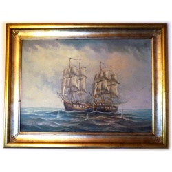 original oil painting of two frigates in Battle of Corsi incl. frame