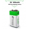 9V Block Akku USB li-ion Battery 650mAh 100% cap. li-polymer per USB aufladbar
