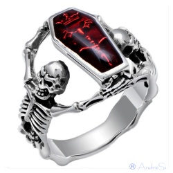 Dracula Ring roter Vampire Sarg Untoten König Ring mit blutrotem Sarg mit Zepter und Skeletten