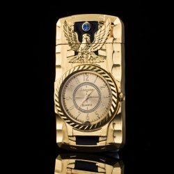 Luxus Feuerzeug Gas mit Uhr & LED-Lampe Design Style Silber Gold Schwarz