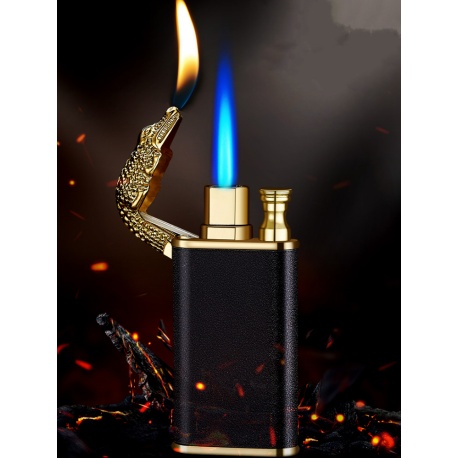 Luxus Feuerzeug Gas Drachen-Kopf, Krokodil, Poker Gambler Design Style Gold Schwarz