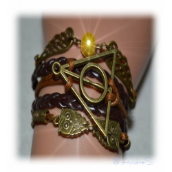 Bracelet Deathly Hallows - with Snitch and Barn Owls, Dark Brown / Aldgold