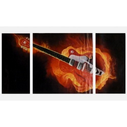 flaming rock guitar - three part mural stylish as real oil painting
