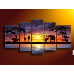 African Landscape Evening Red - five part mural as real oil painting