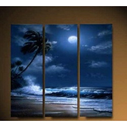 Palm Island by the Sea at Night - three part mural as real oil painting